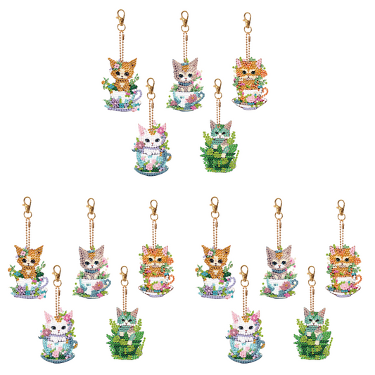 5PCS Double Sided Diamond Art Keyring Cup Cat for Adult Kid Purse Handbag Decor