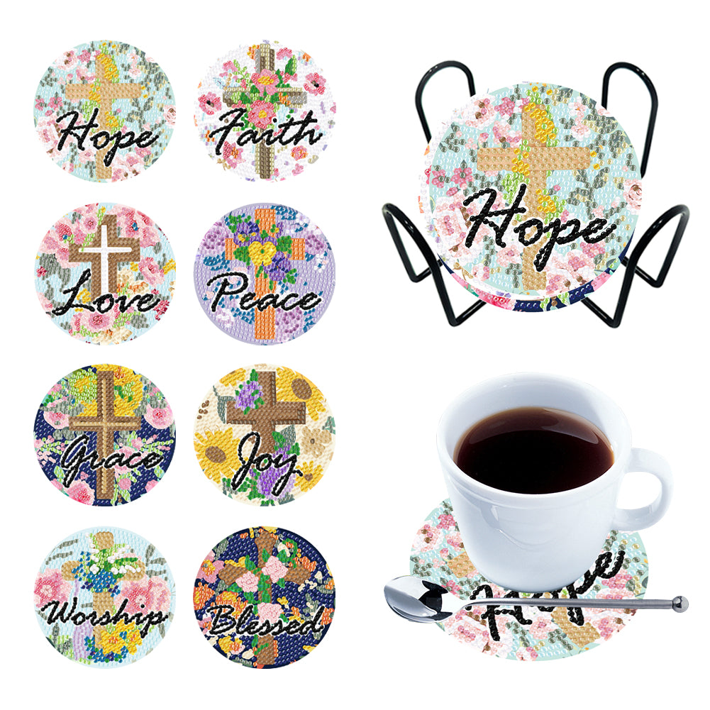 8PCS Acrylic Cross and Good Words Diamond Painting DIY Coaster for Adults Kids
