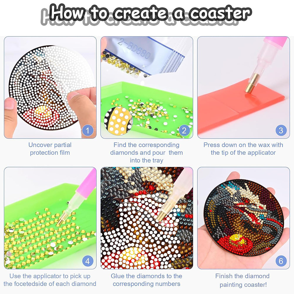 8PCS Wooden Diamond Painting Coasters Kits for Adults Kids Beginner (Dragon)