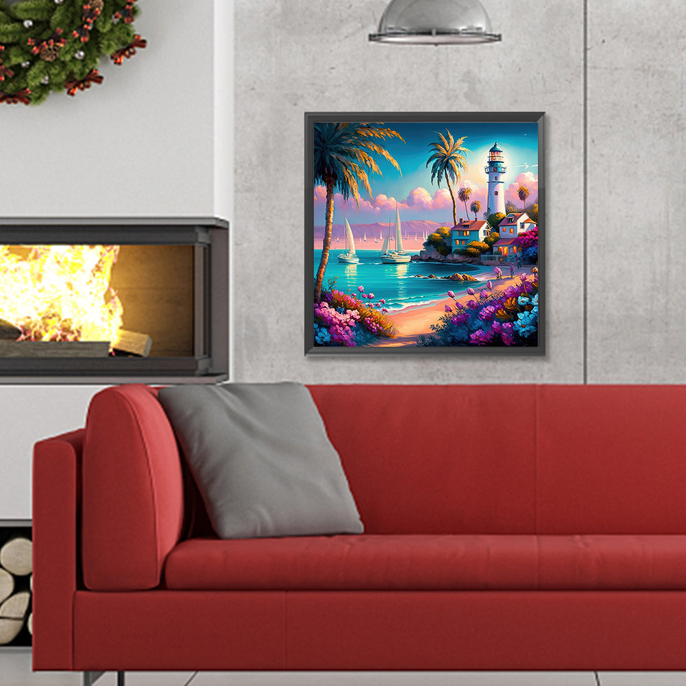 Beach Lighthouse - Full Round Drill Diamond Painting 30*30CM