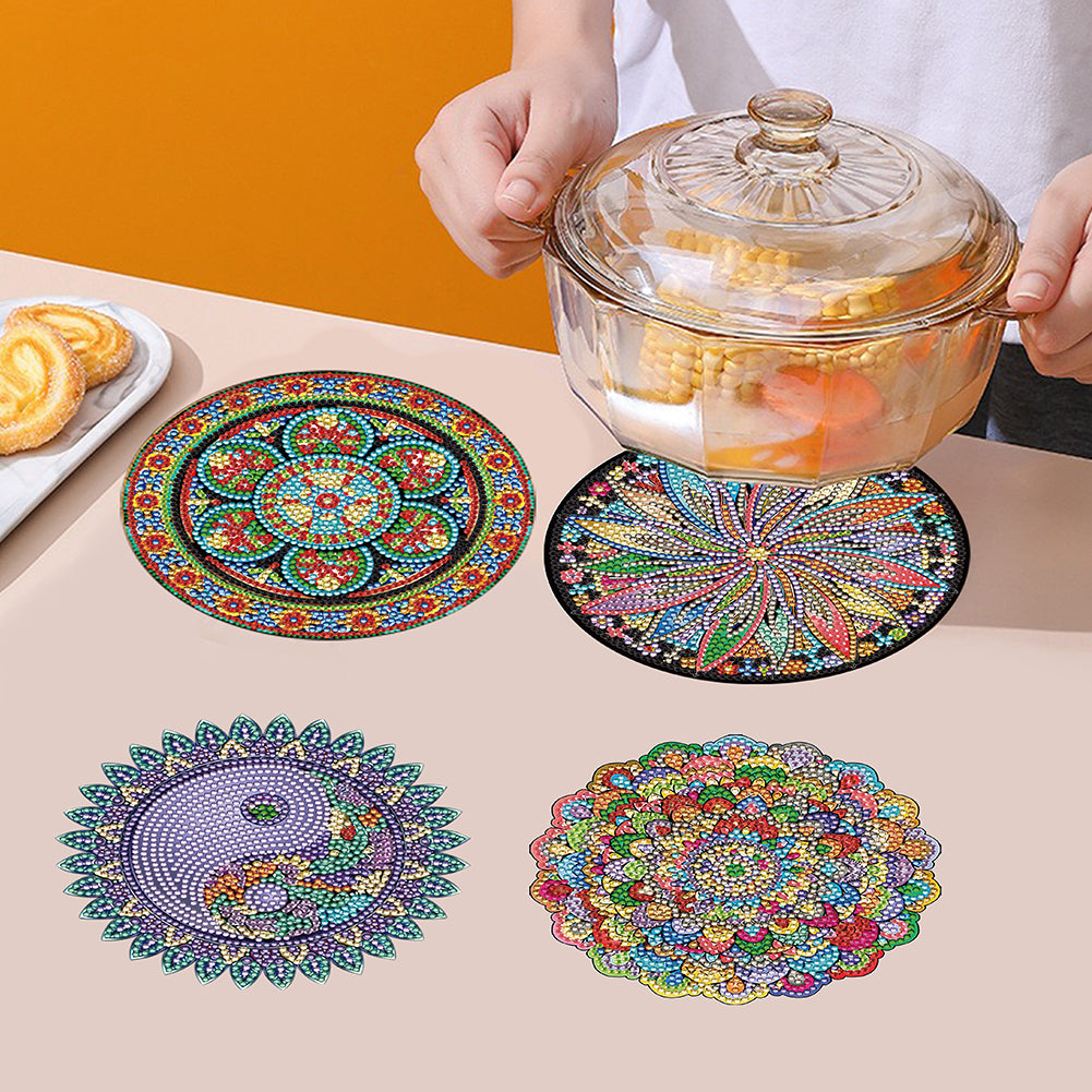 4PCS Wooden Diamond Painted Placemats for Dining Table Decor (Datura #8)