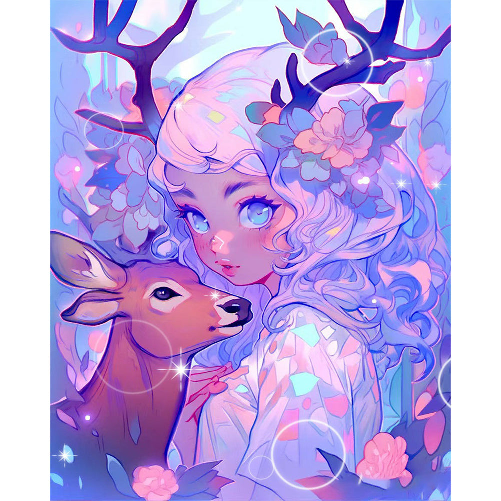 Deer And Girl - Full Round Drill Diamond Painting 40*50CM