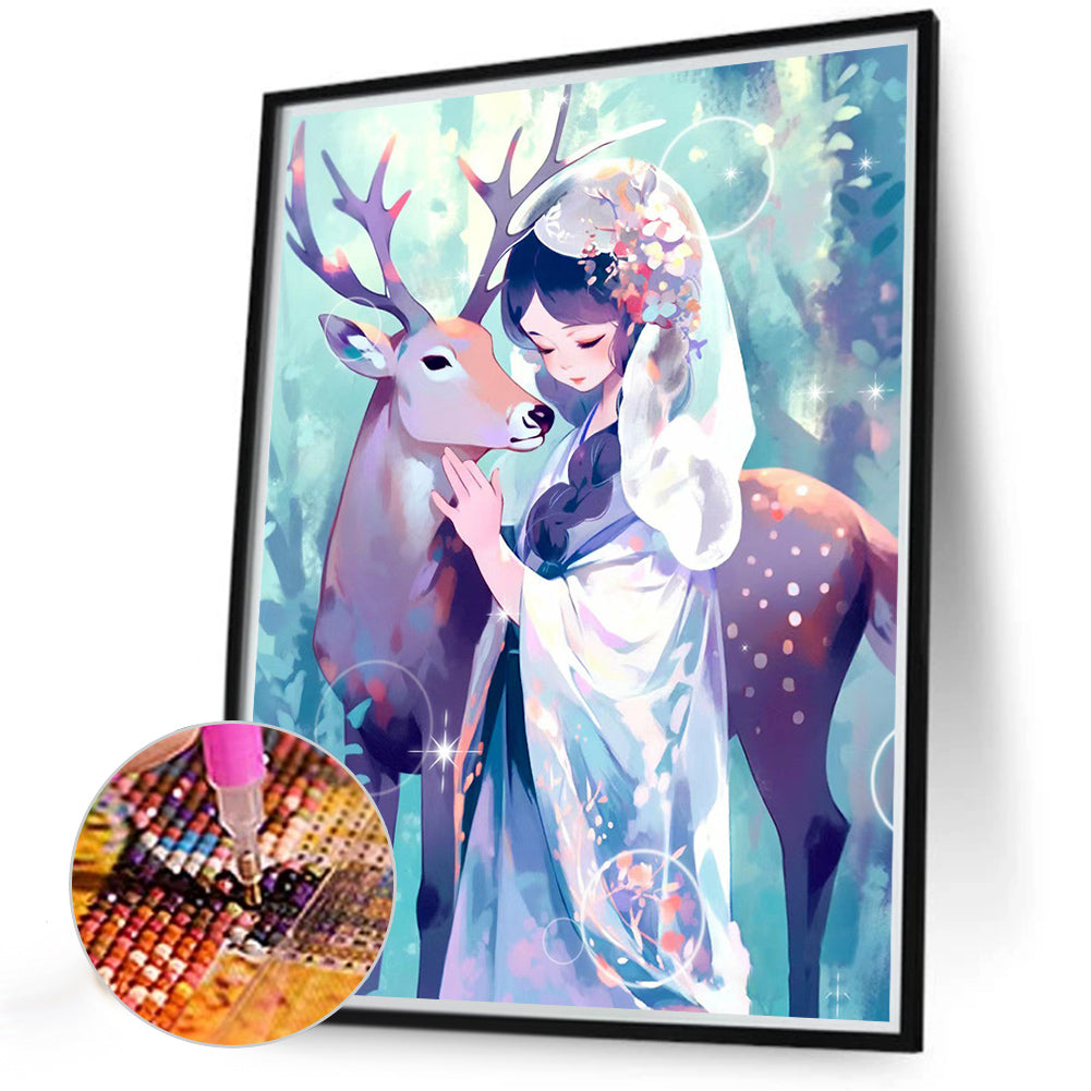 Deer And Girl - Full Round Drill Diamond Painting 40*50CM