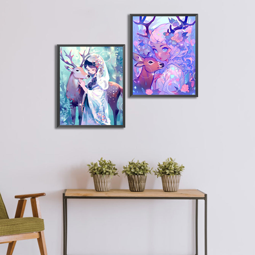 Deer And Girl - Full Round Drill Diamond Painting 40*50CM
