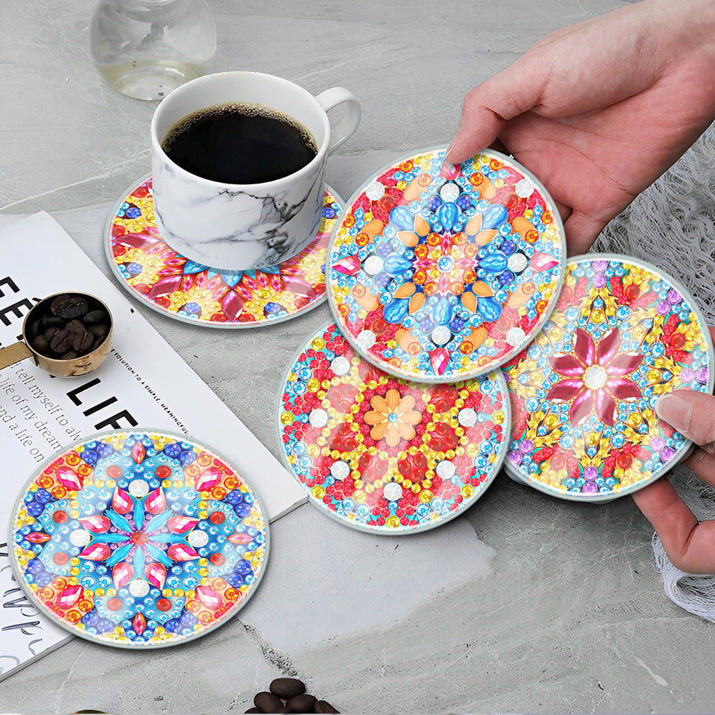 6PCS Acrylic Washable Diamond Painting Crafts Coaster with Holder (Mandala #1)