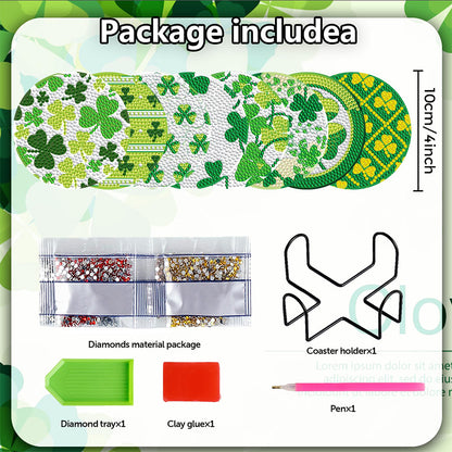 8PCS Wooden Diamond Painting Art Coaster Kit with Holder (Saint Patricks Day #1)