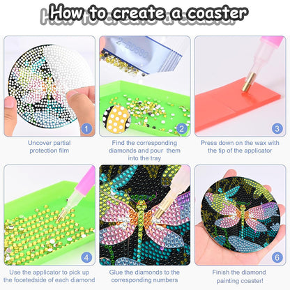 8PCS Wooden Diamond Painting Art Coaster Kit with Holder (Dazzling Dragonfly)