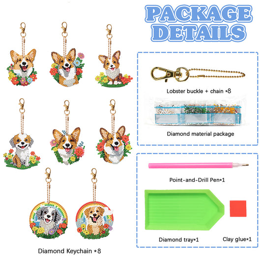 8PCS Double Sided Round Diamond Painting Art Keychain Pendant (Rainbow Dog)