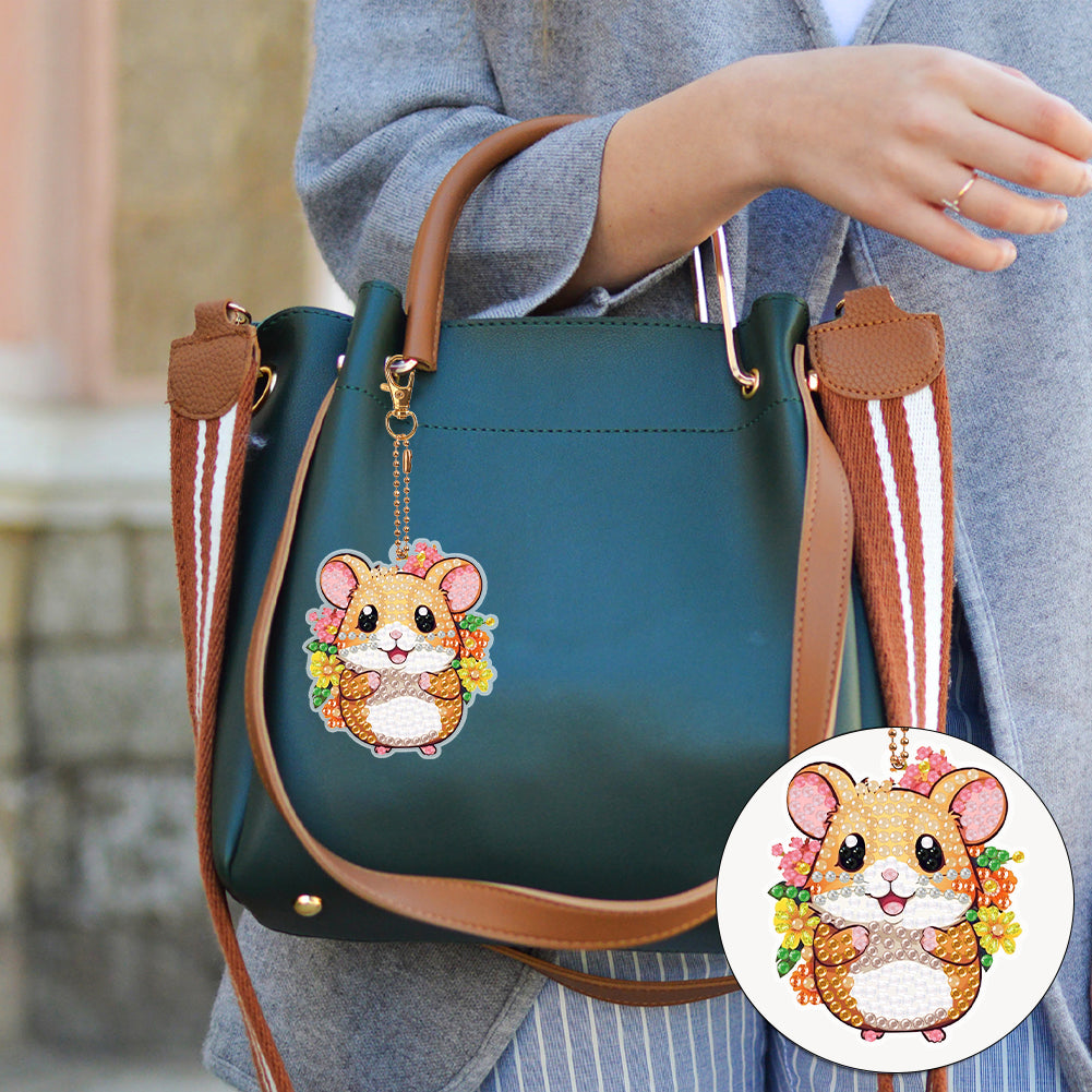 8PCS Double Sided Round Diamond Painting Art Keychain Pendant for Adult(Hamster)