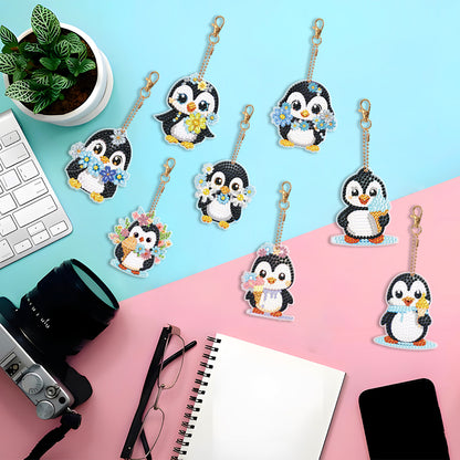 8PCS Double Sided Round Diamond Painting Art Keychain Pendant (Penguin #4)
