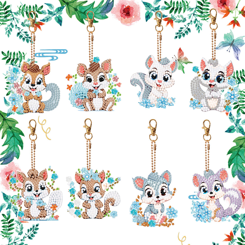 8PCS Double Sided Round Diamond Painting Art Keychain Pendant (Squirrel #6)