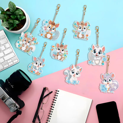 8PCS Double Sided Round Diamond Painting Art Keychain Pendant (Squirrel #6)