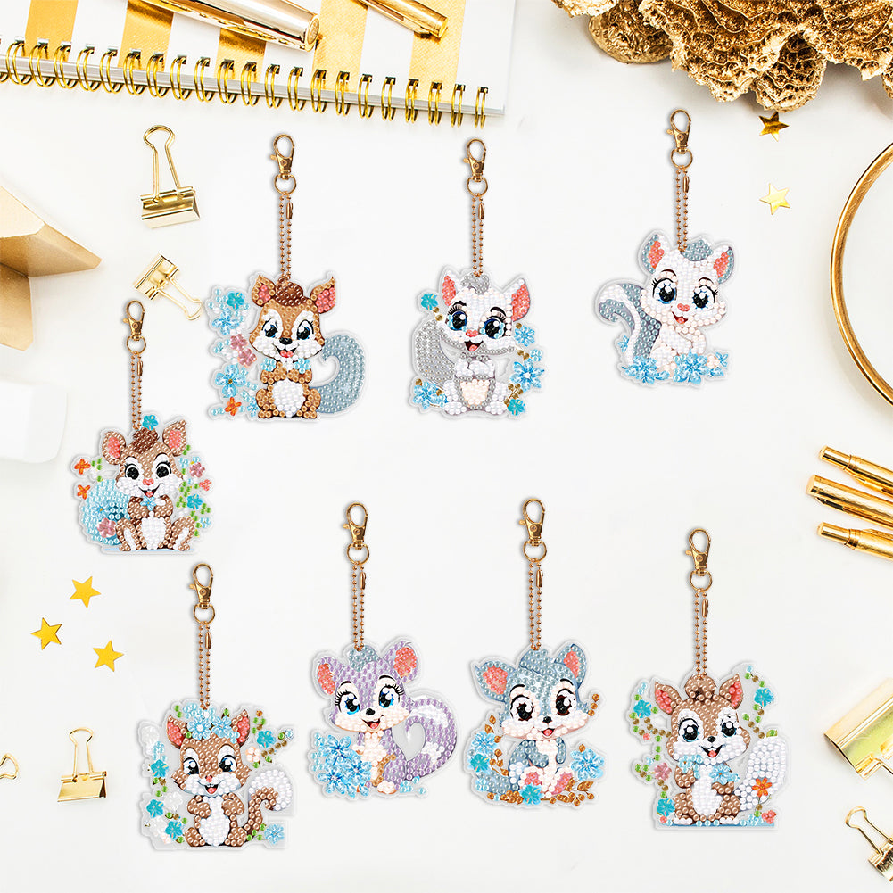 8PCS Double Sided Round Diamond Painting Art Keychain Pendant (Squirrel #6)