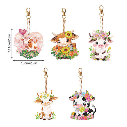 5PCS Double Sided Round Diamond Painting Art Keychain Pendant for Adults (Calf)