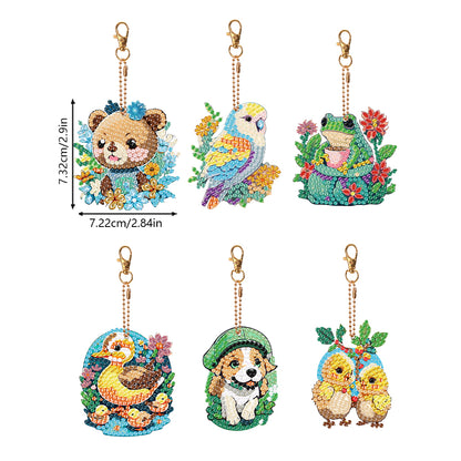 6PCS Double Sided Round Diamond Painting Art Keychain Pendant(Nature and Animal)