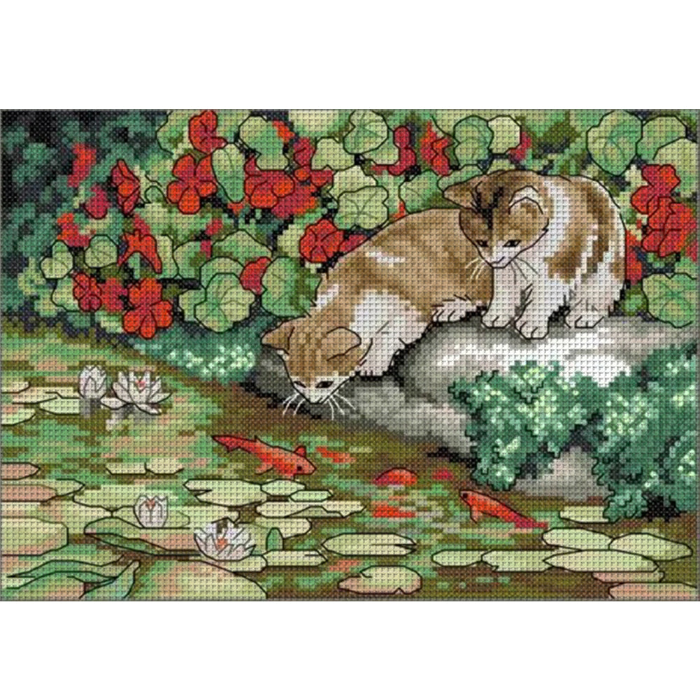 Cat And Fish - 14CT Stamped Cross Stitch 30*21CM