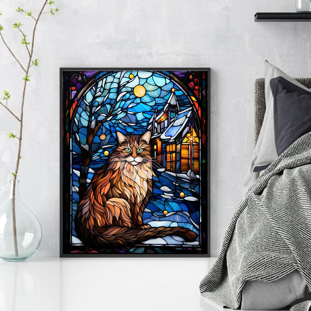 Glass Painting-Moonlight Cat - 14CT Stamped Cross Stitch 40*50CM