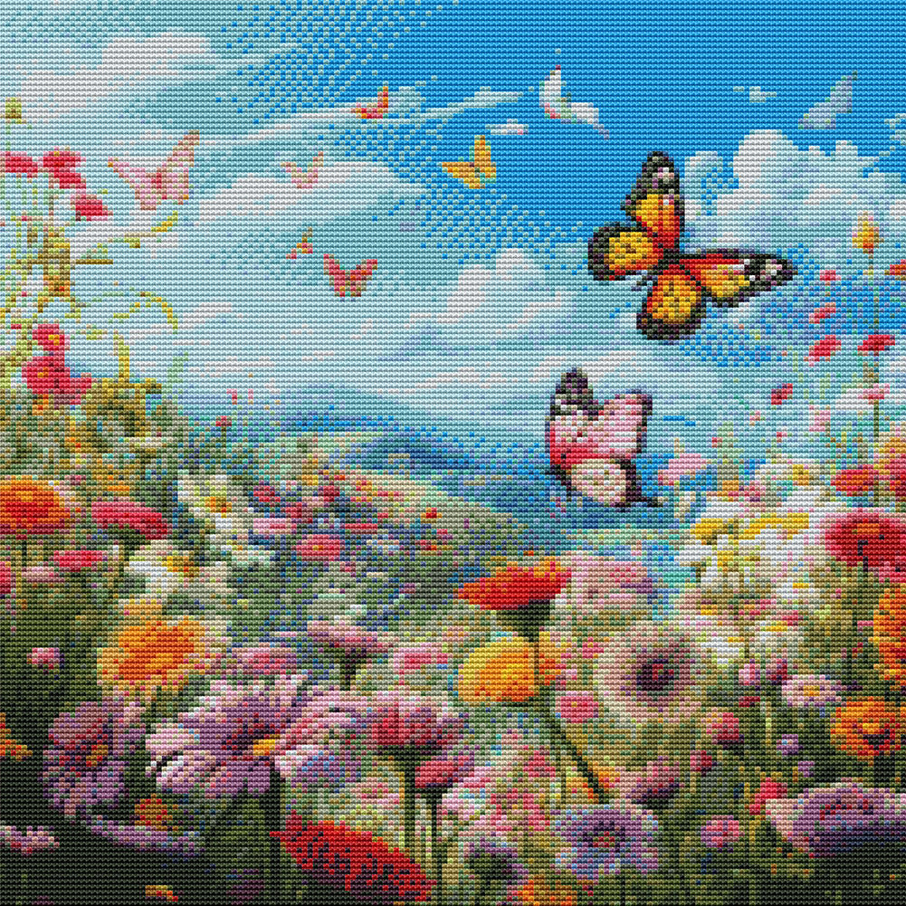 Butterfly In Flowers - 11CT Stamped Cross Stitch 45*45CM