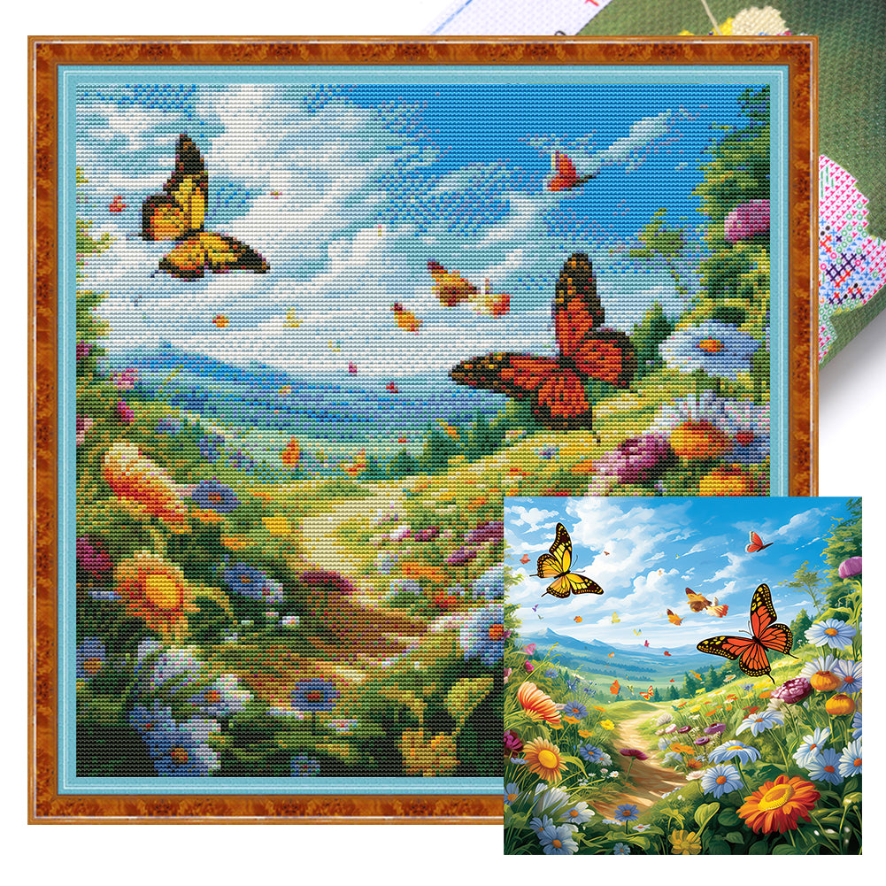Butterfly In Flowers - 11CT Stamped Cross Stitch 45*45CM