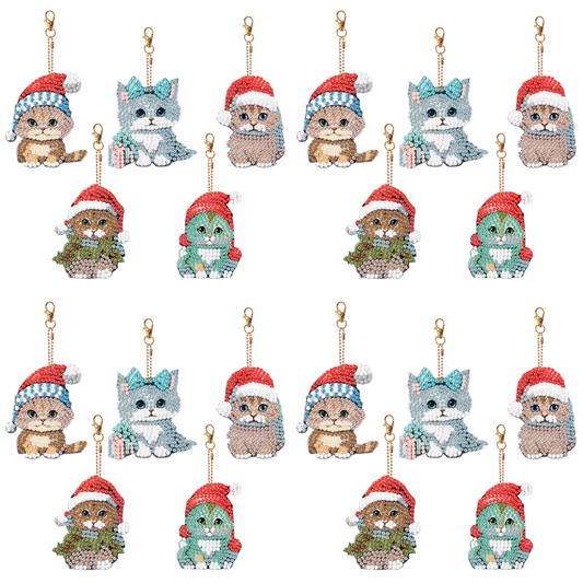 5PCS Double Sided Special Shape Diamond Painting Keychain (Christmas Cat)