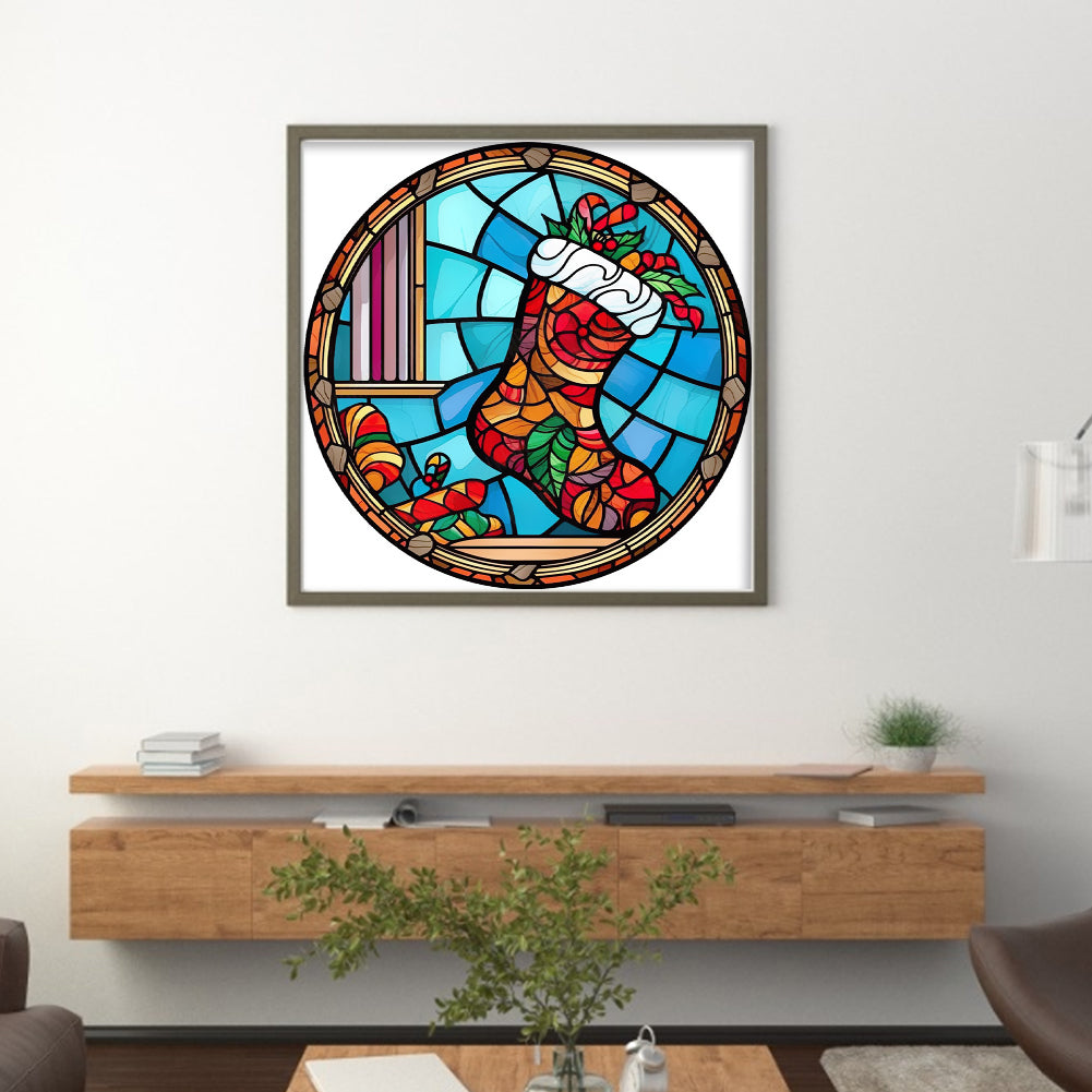 Glass Painting-Christmas Stocking - 18CT Stamped Cross Stitch 25*25CM(Joy Sunday)