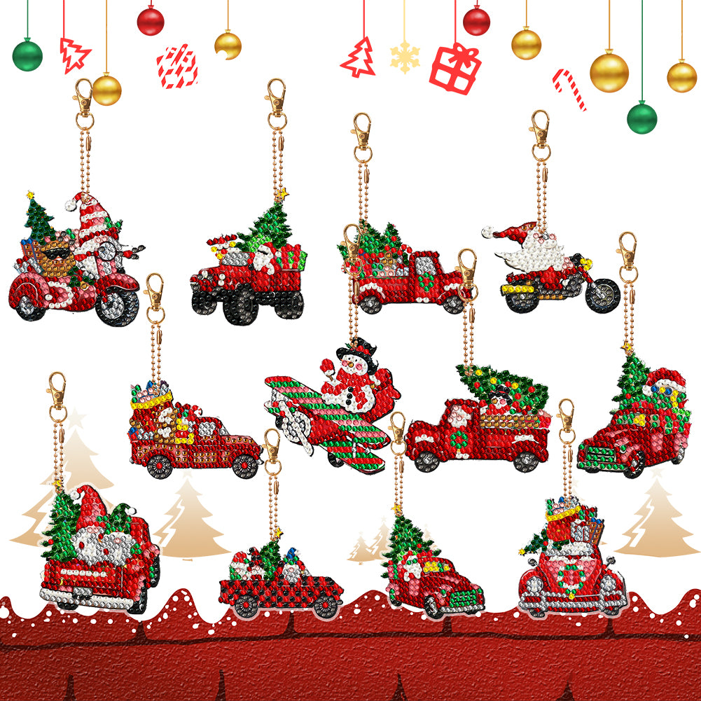 12PCS Double Sided Diamond Painting Art Keychain Pendant for Beginner(Red Truck)