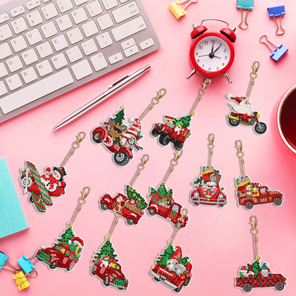 12PCS Double Sided Diamond Painting Art Keychain Pendant for Beginner(Red Truck)