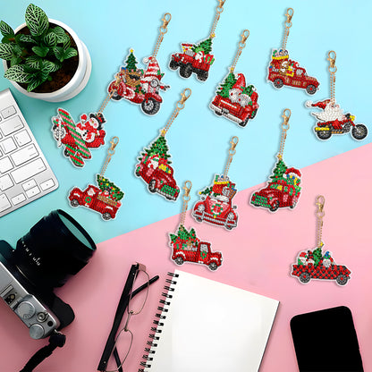 12PCS Double Sided Diamond Painting Art Keychain Pendant for Beginner(Red Truck)