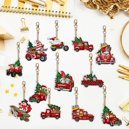 12PCS Double Sided Diamond Painting Art Keychain Pendant for Beginner(Red Truck)