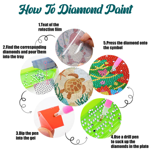 4 PCS Wooden Diamond Painted Placemat Round Placemat with Holder(Marine Life #2)