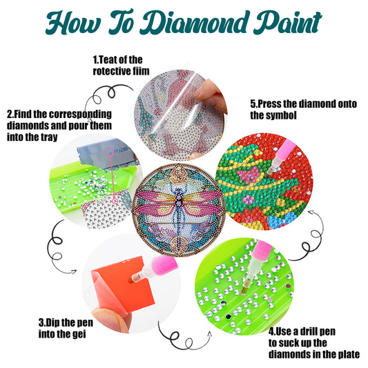 4 PCS Wooden Diamond Painted Placemats Round Placemat with Holder (Dragonfly)