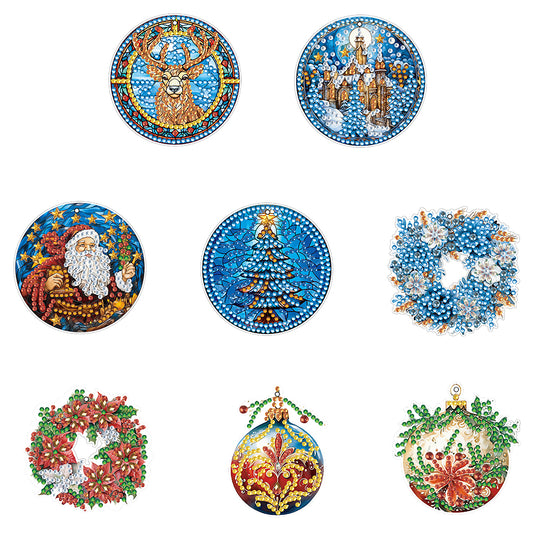 8 PCS Acrylic Single-Sided DIY Diamond Painting Hanging Pendant (Wreath Elk)