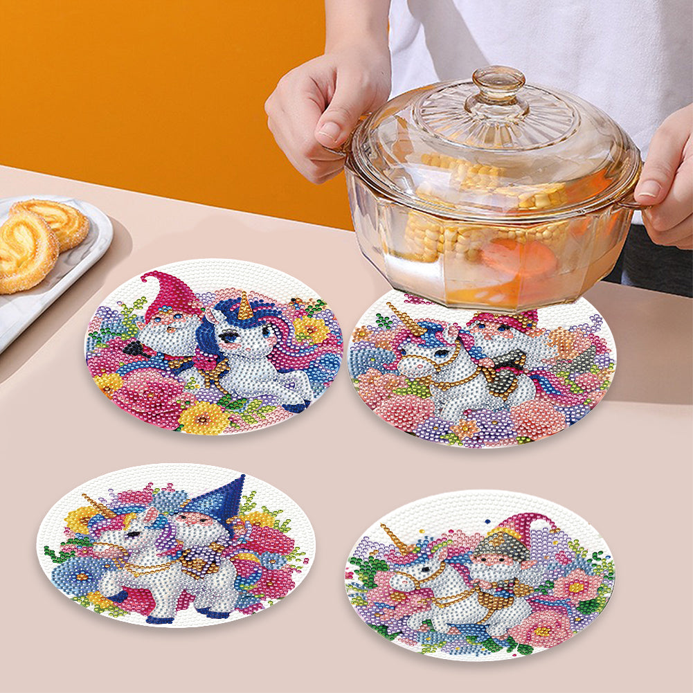 4 PCS Acrylic Diamond Painted Placemats Tableware Mat with Holder(Unicorn Gnome)