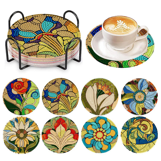 8 PCS Wooden Diamond Painting Coasters Kits with Holder for Adult Kid (Flower)