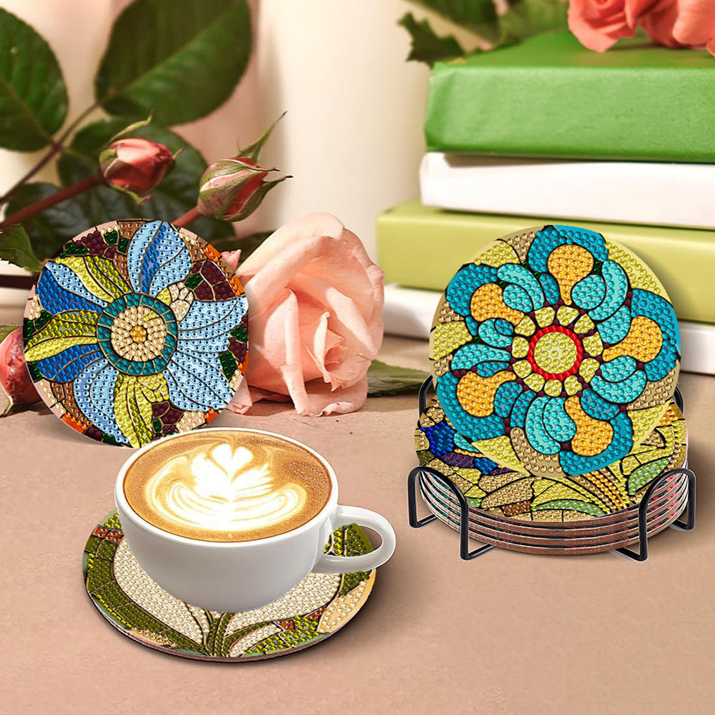 8 PCS Wooden Diamond Painting Coasters Kits with Holder for Adult Kid (Flower)