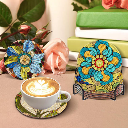 8 PCS Wooden Diamond Painting Coasters Kits with Holder for Adult Kid (Flower)