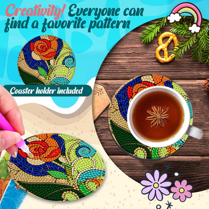 8 PCS Wooden Diamond Painting Coasters Kits with Holder for Adult Kid (Flower)