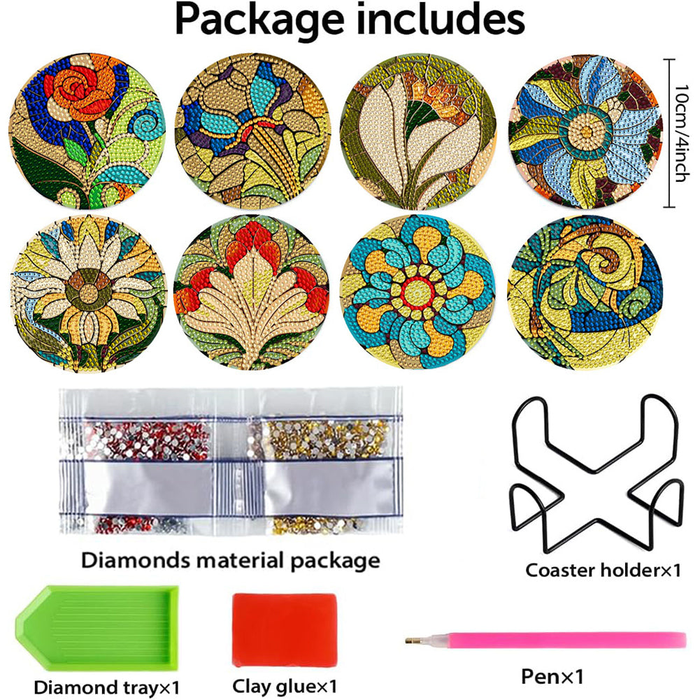 8 PCS Wooden Diamond Painting Coasters Kits with Holder for Adult Kid (Flower)
