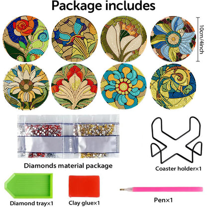 8 PCS Wooden Diamond Painting Coasters Kits with Holder for Adult Kid (Flower)