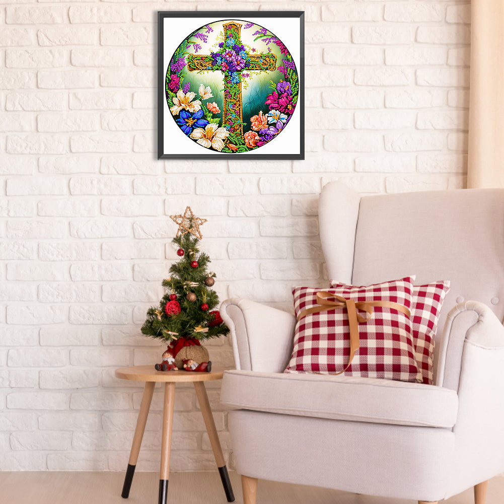 Flower Cross - Special Shaped Drill Diamond Painting 30*30CM