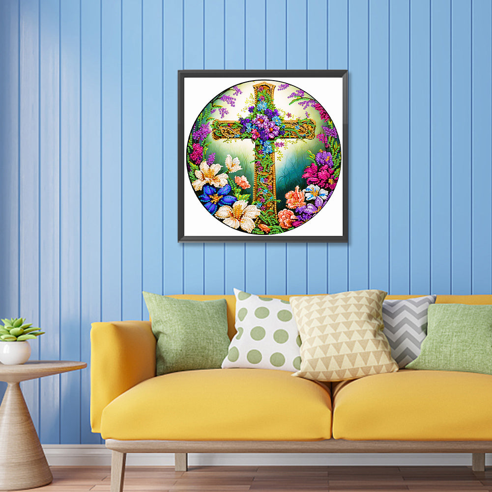 Flower Cross - Special Shaped Drill Diamond Painting 30*30CM