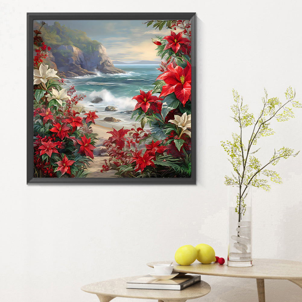 Red Flower Waves - Full Round Drill Diamond Painting 30*30CM
