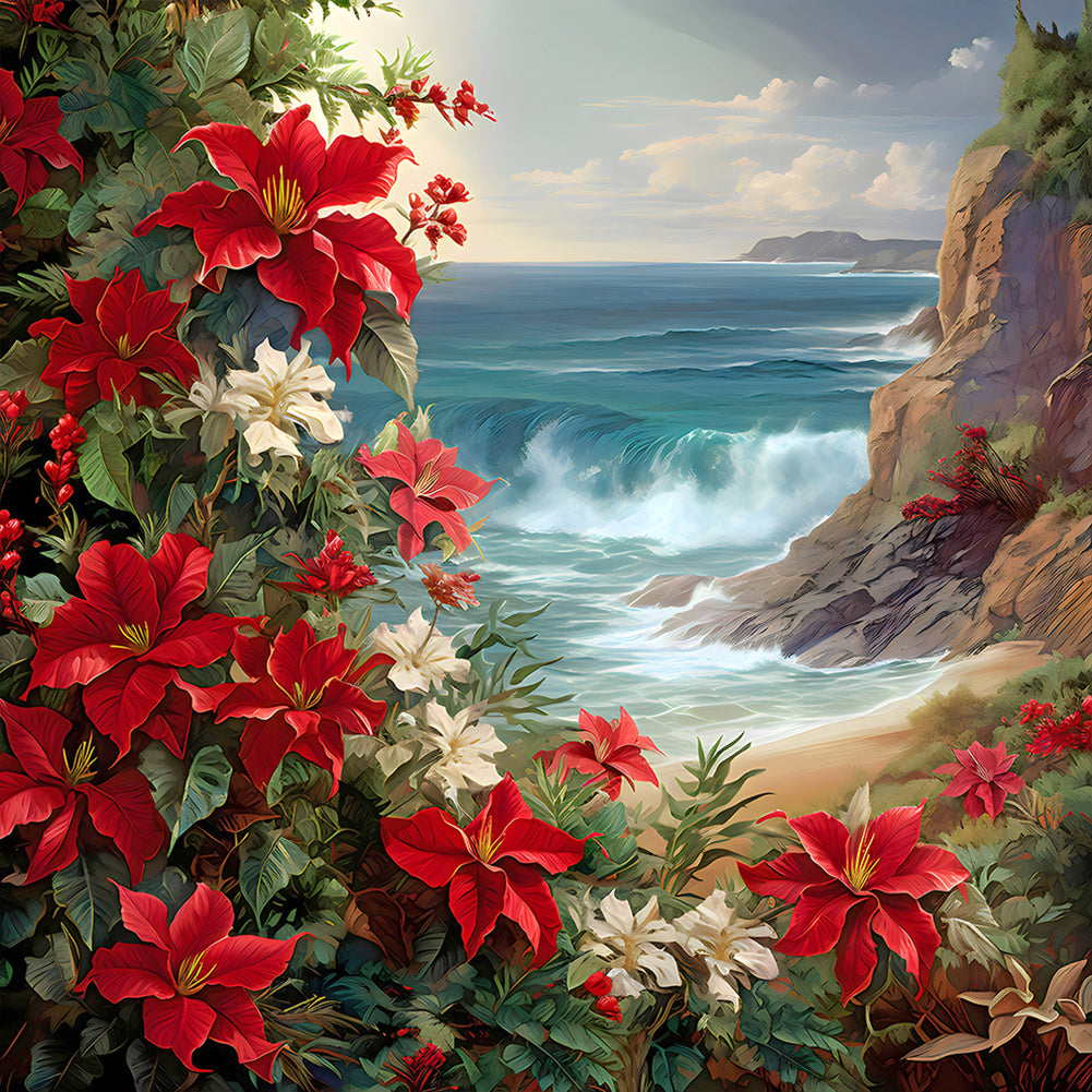 Red Flower Waves - Full Round Drill Diamond Painting 30*30CM