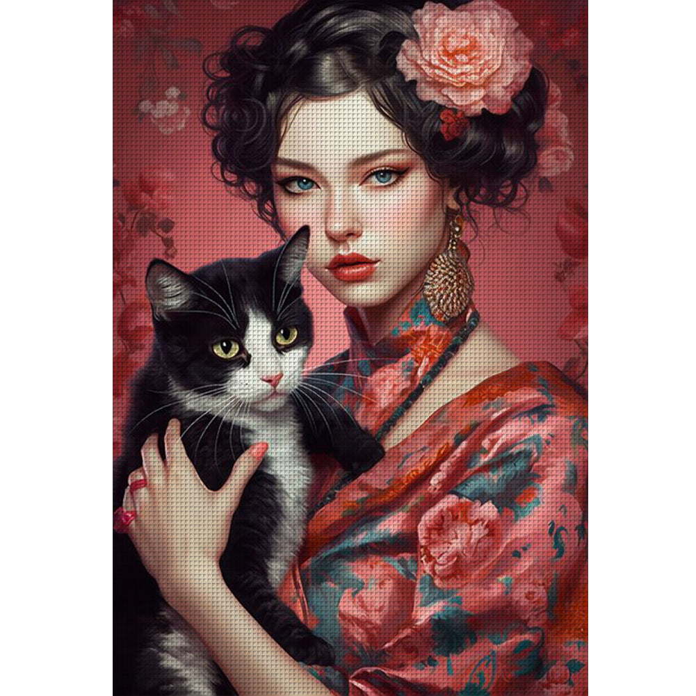 Girl And Cat - 11CT Stamped Cross Stitch 45*65CM