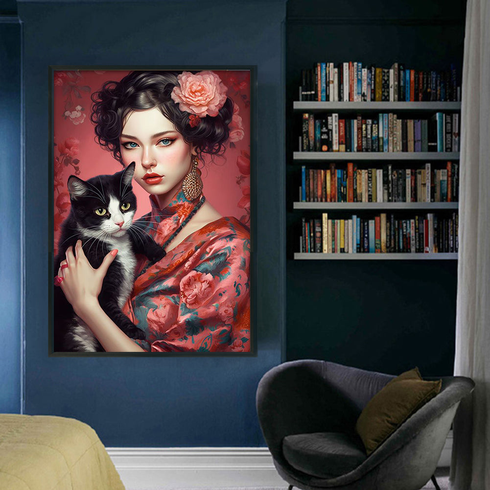 Girl And Cat - 11CT Stamped Cross Stitch 45*65CM