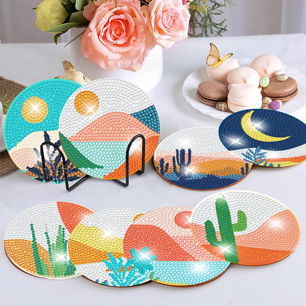 8 PCS Wooden Diamond Painting Art Coasters Kits with Holder (Colourful Desert)