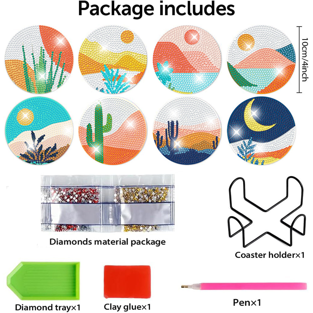 8 PCS Wooden Diamond Painting Art Coasters Kits with Holder (Colourful Desert)