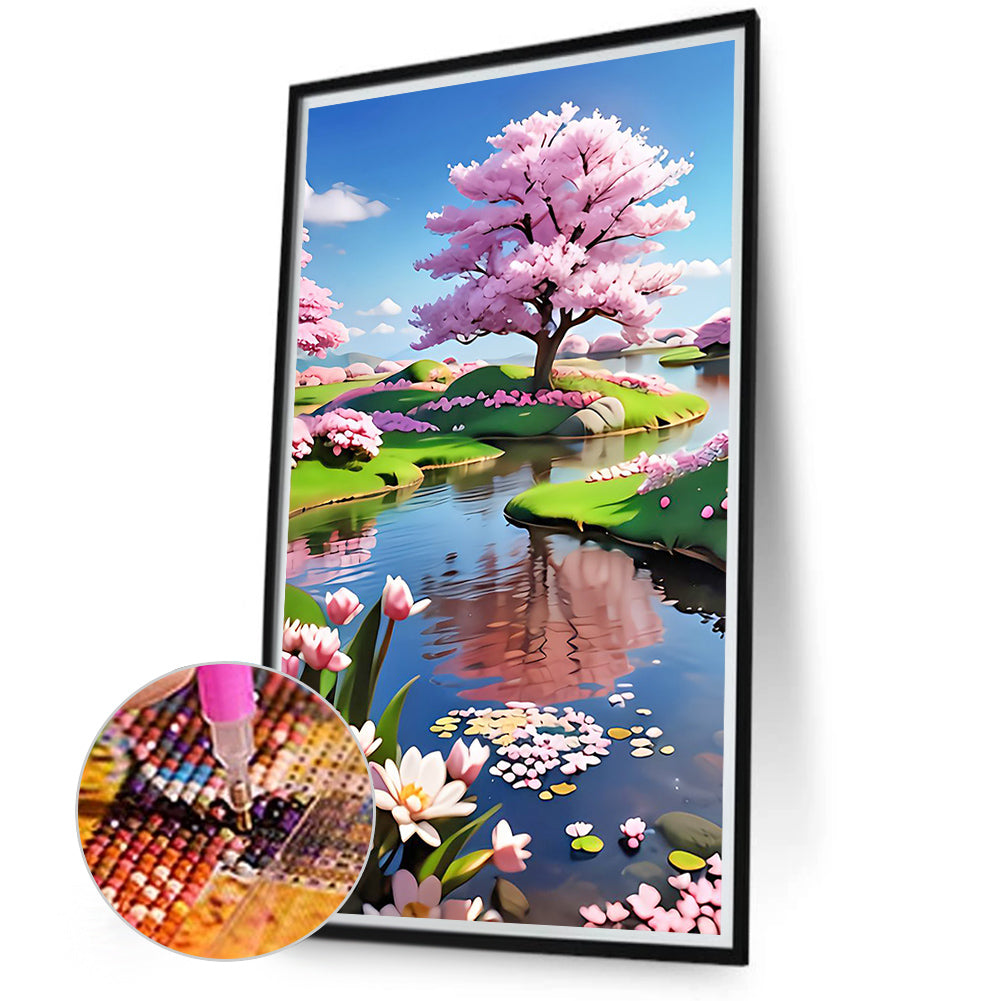 Peach Trees By The Lake - Full Round Drill Diamond Painting 40*70CM