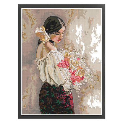 Girl Holding Flowers - 14CT Stamped Cross Stitch 44*57CM(Joy Sunday)