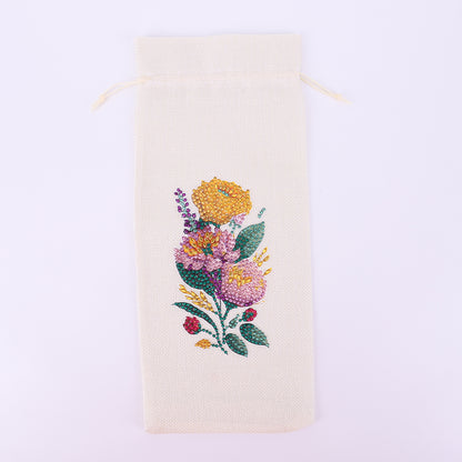Diamond Painting Burlap Wine Gift Bags Label Liquor Bottle Covers (Flower)